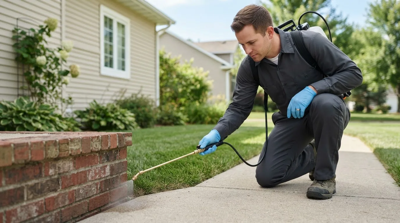 Pest control technician treating a home near Sparta, OH