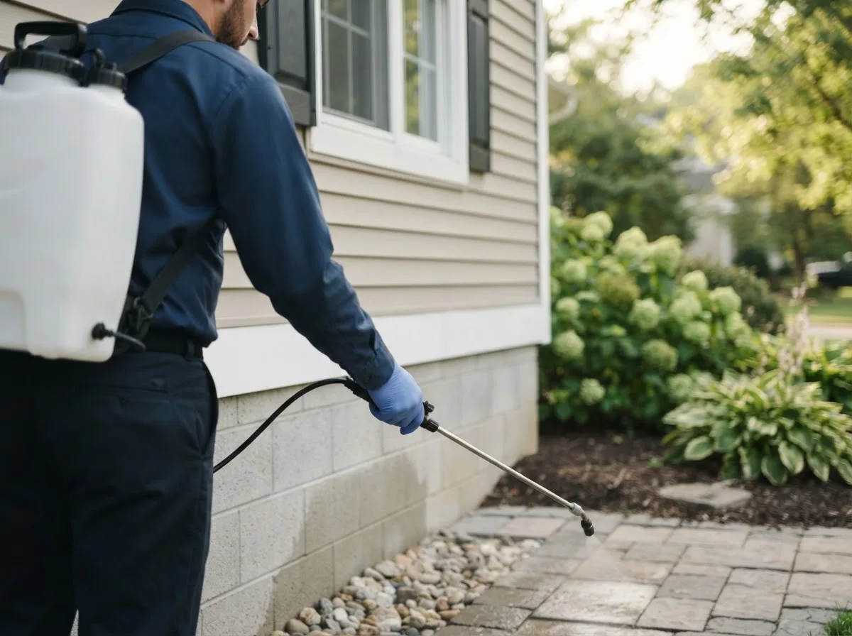 Pest control technician inspecting a home in Sparta, OH